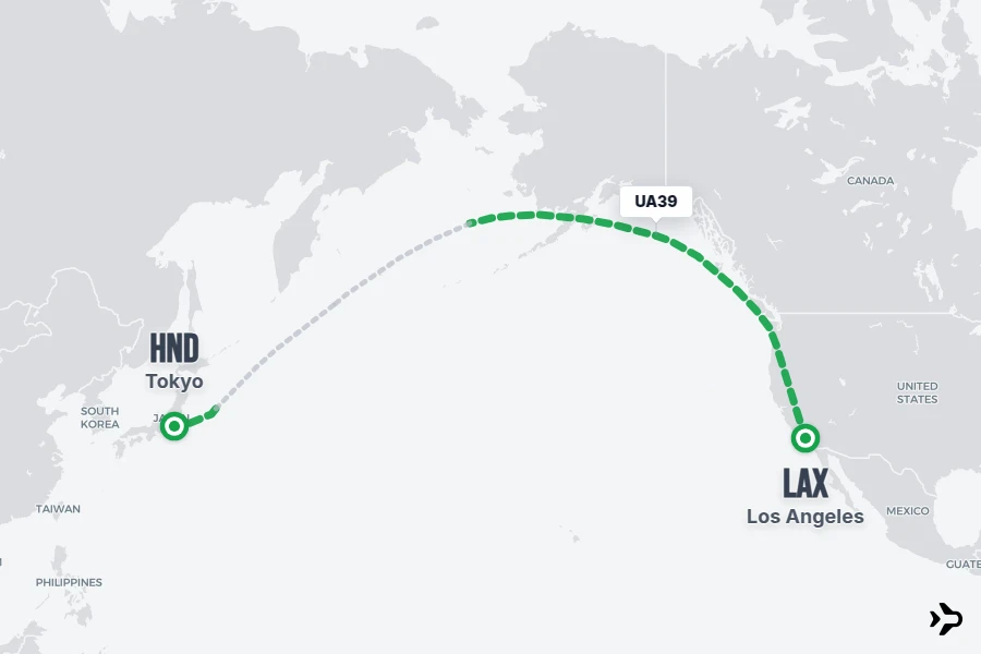UA39 flight map from LAX to HND