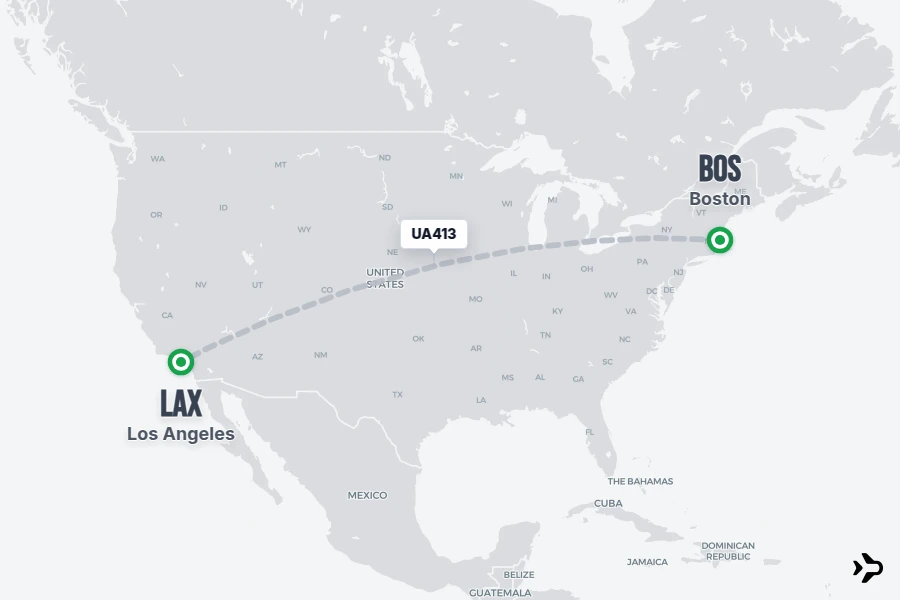 UA413 flight map from BOS to LAX