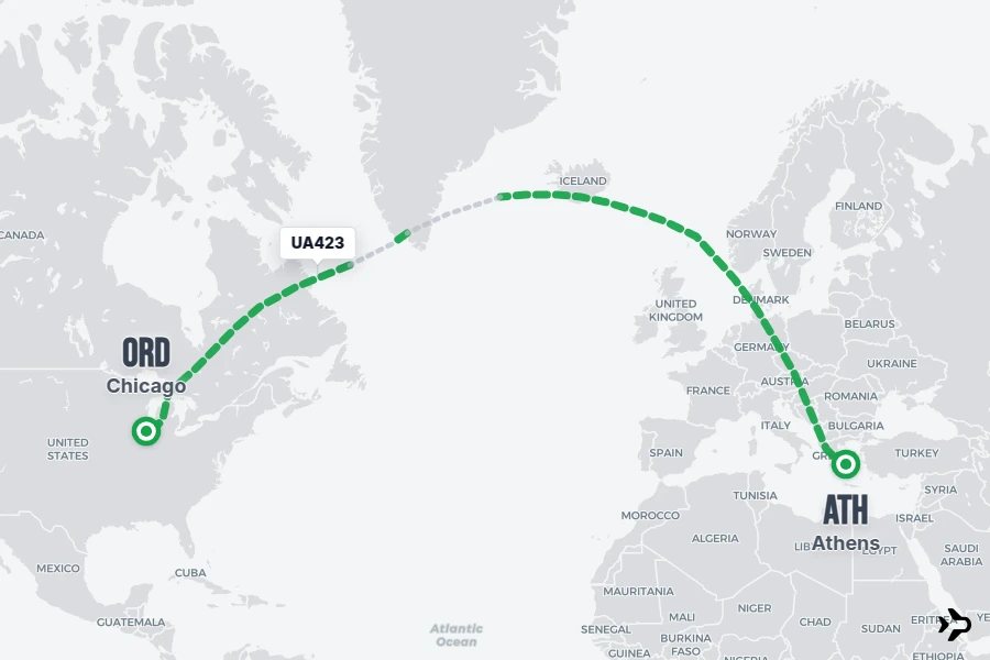UA423 flight map from ATH to ORD