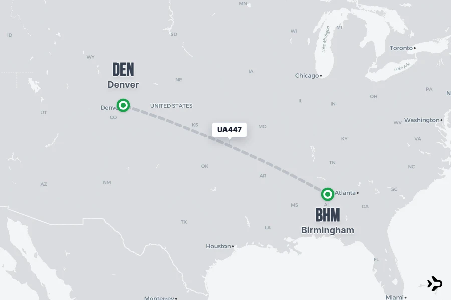 UA447 flight map from BHM to DEN