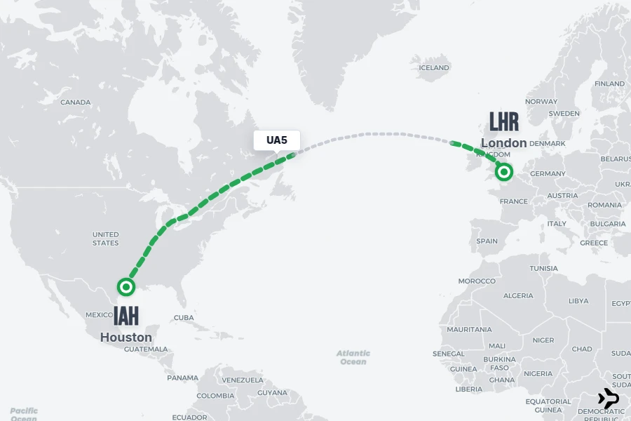 UA5 flight map from IAH to LHR
