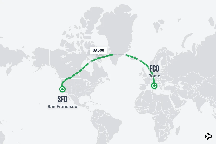 UA506 flight map from FCO to SFO