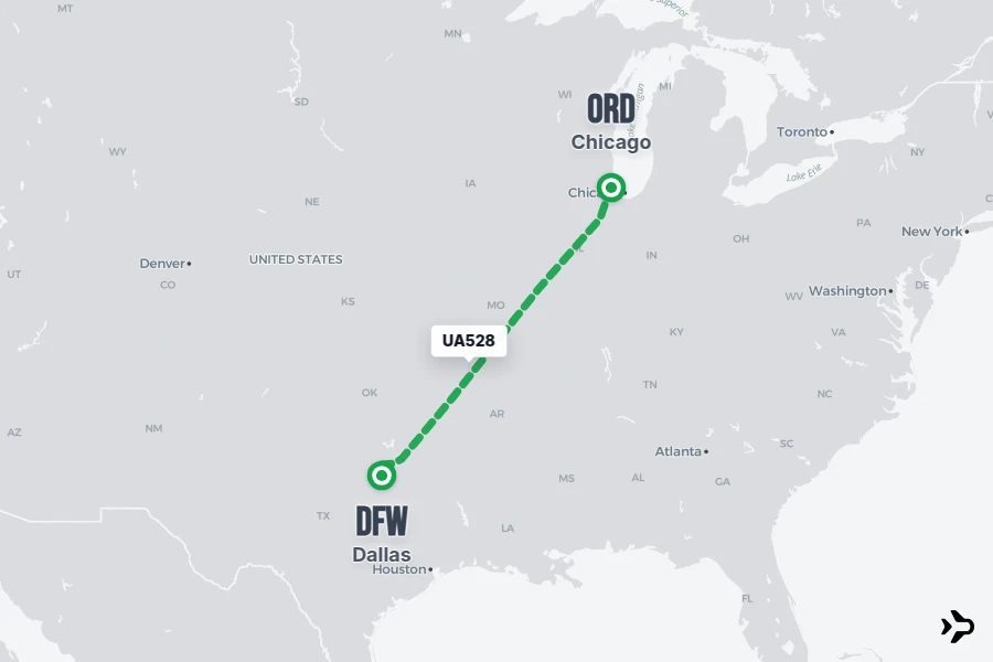 UA528 flight map from ORD to DFW