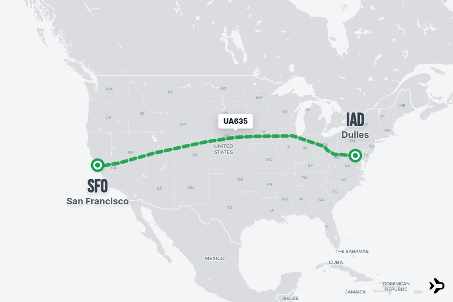 UA635 flight map from IAD to SFO
