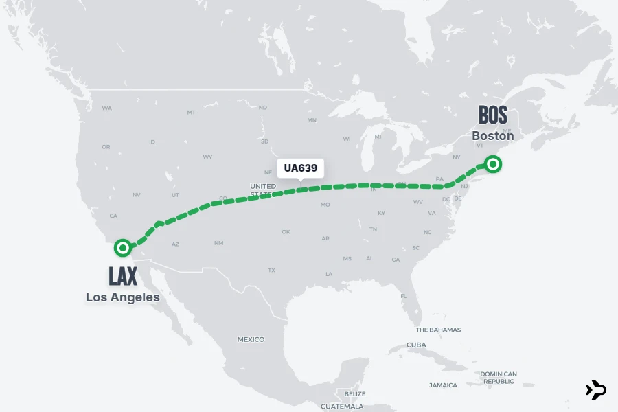 UA639 flight map from BOS to LAX