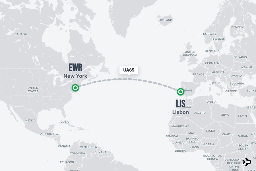 UA65 flight map from LIS to EWR