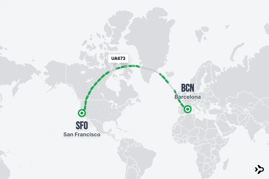 UA673 flight map from BCN to SFO