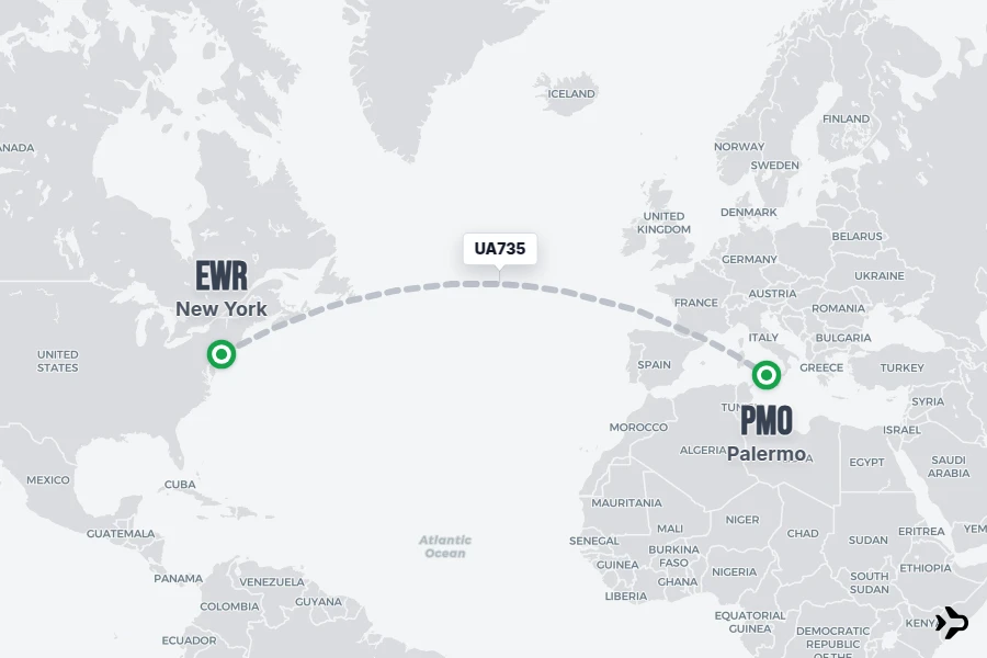 UA735 flight map from EWR to PMO