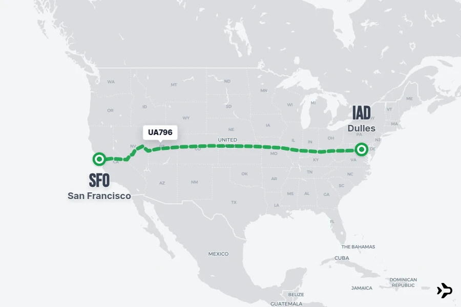 UA796 flight map from IAD to SFO