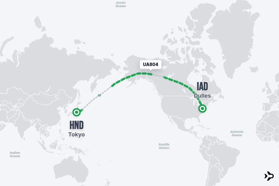 UA804 flight map from HND to IAD
