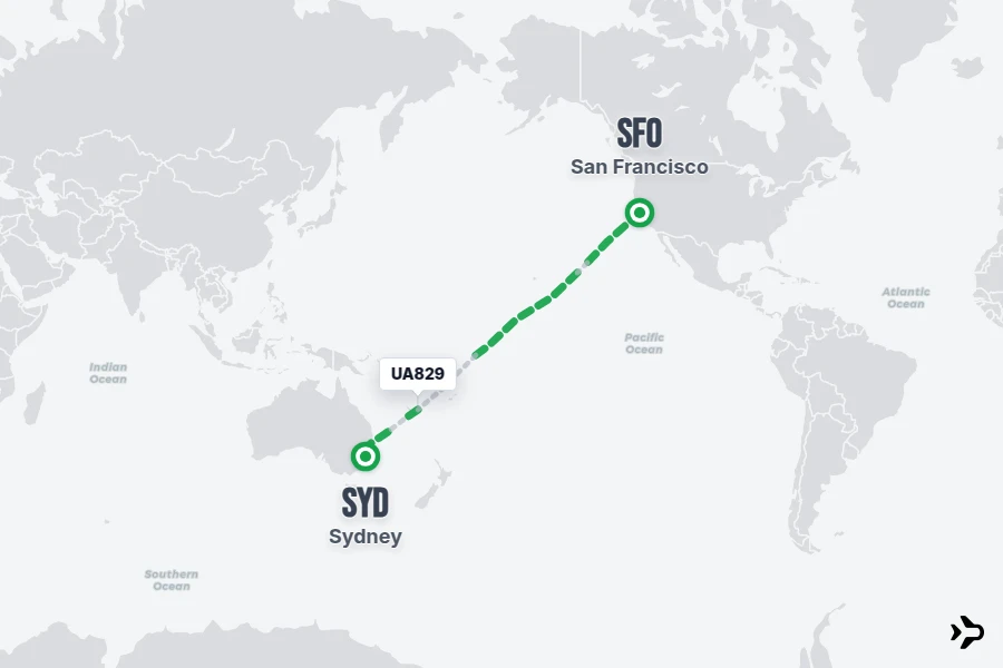 UA829 flight map from SFO to SYD
