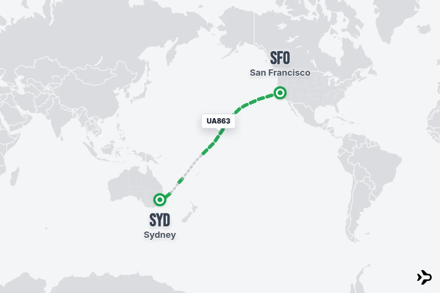 UA863 flight map from SFO to SYD