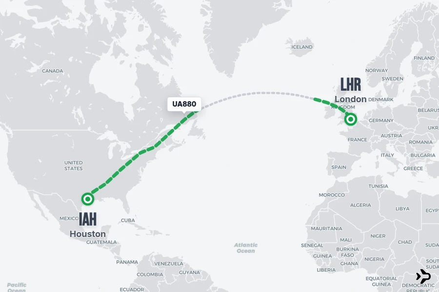 UA880 flight map from IAH to LHR