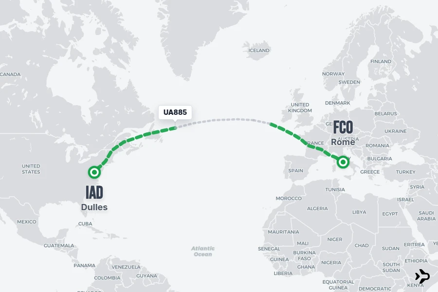 UA885 flight map from FCO to IAD