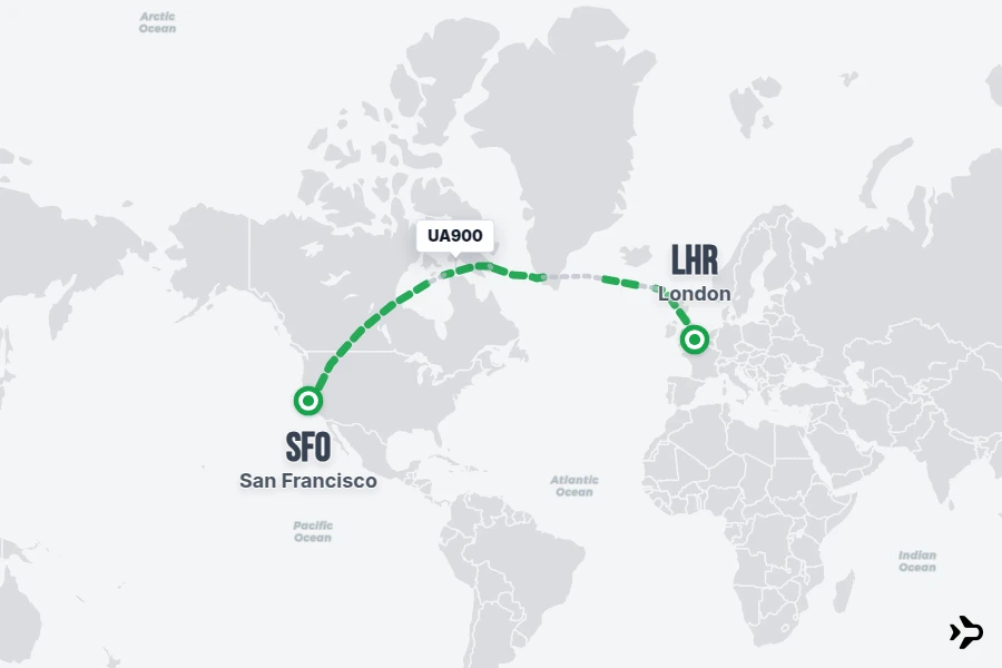 UA900 flight map from LHR to SFO