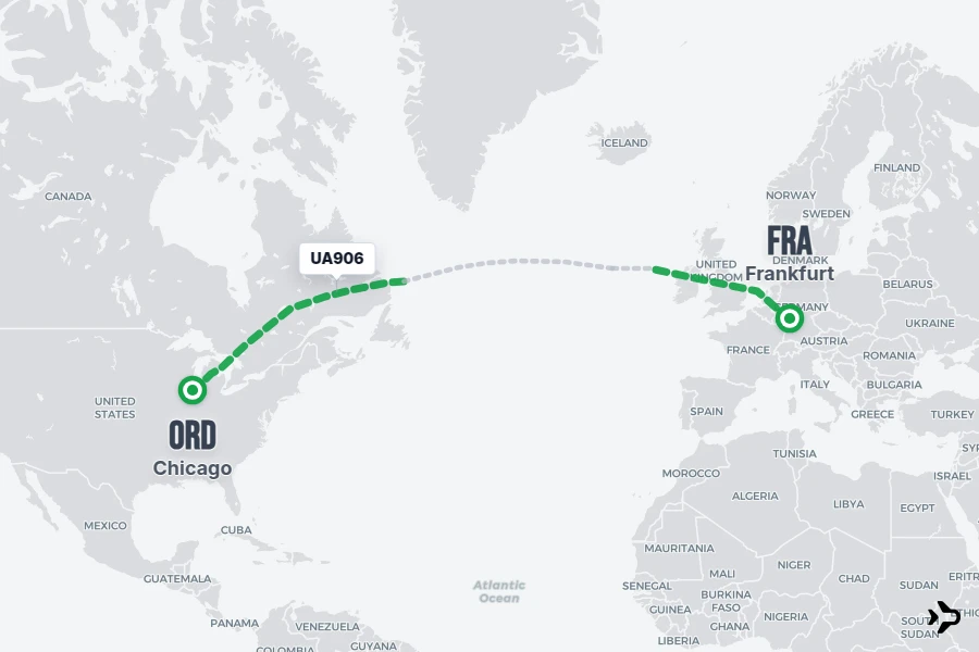 UA906 flight map from FRA to ORD