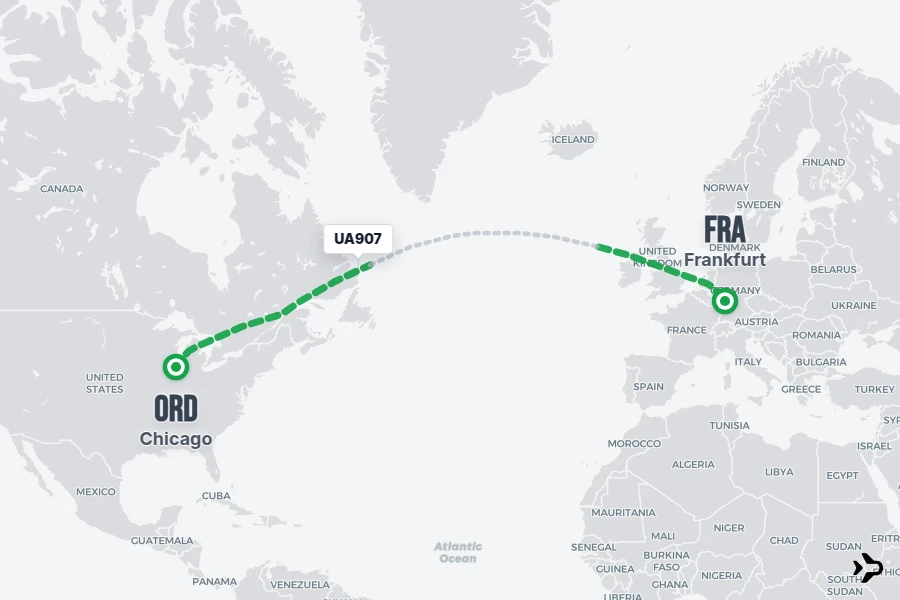 UA907 flight map from ORD to FRA