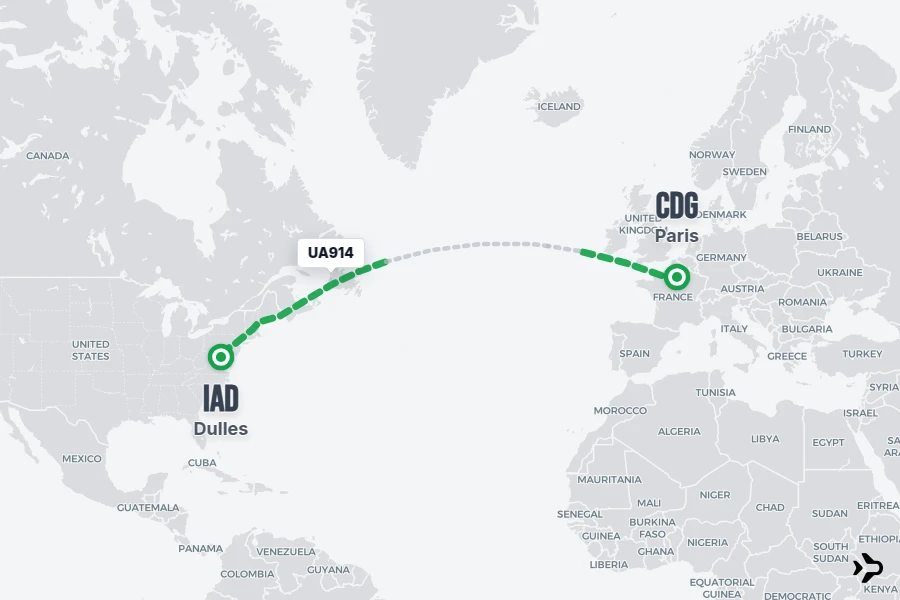 UA914 flight map from CDG to IAD