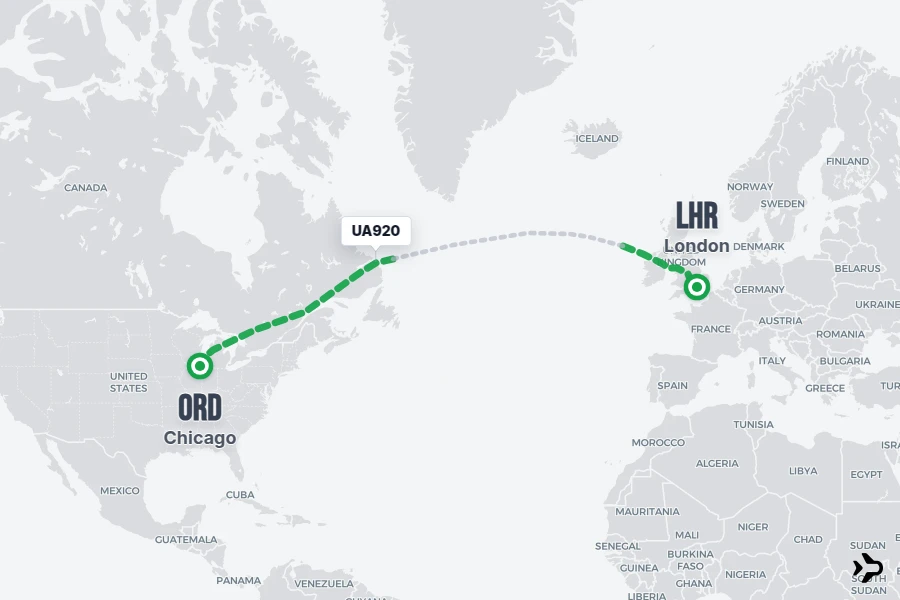 UA920 flight map from ORD to LHR