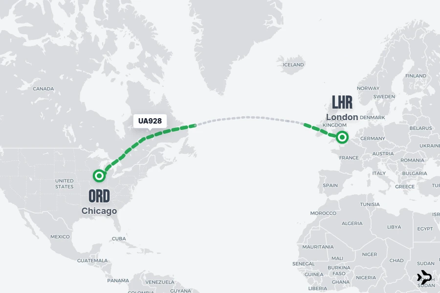UA928 flight map from LHR to ORD