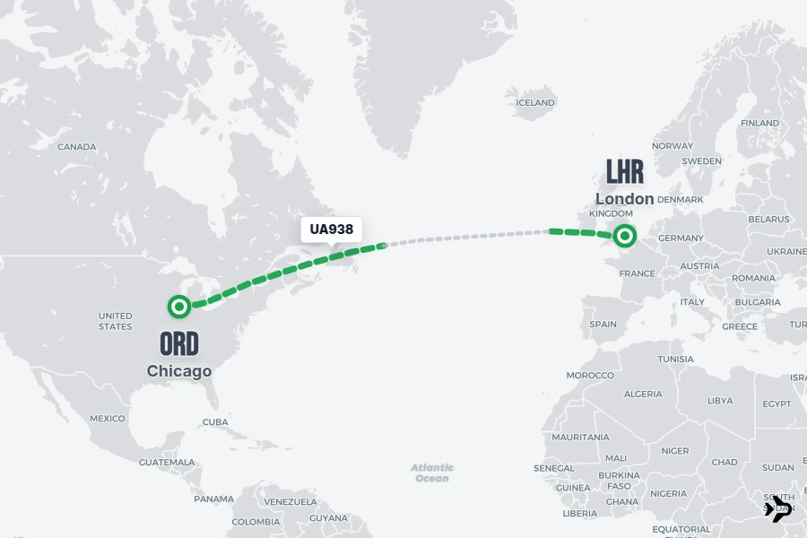 UA938 flight map from ORD to LHR