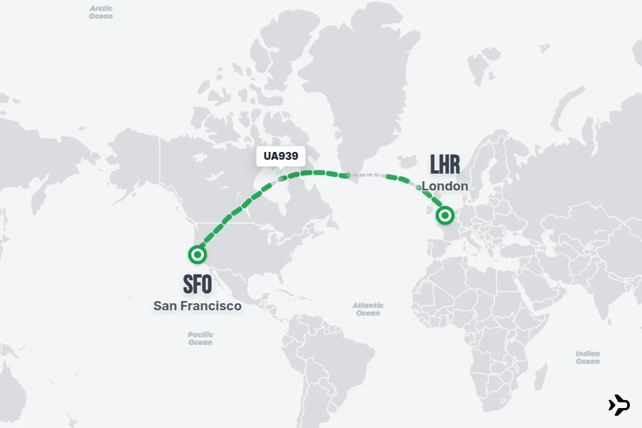 UA939 flight map from LHR to SFO