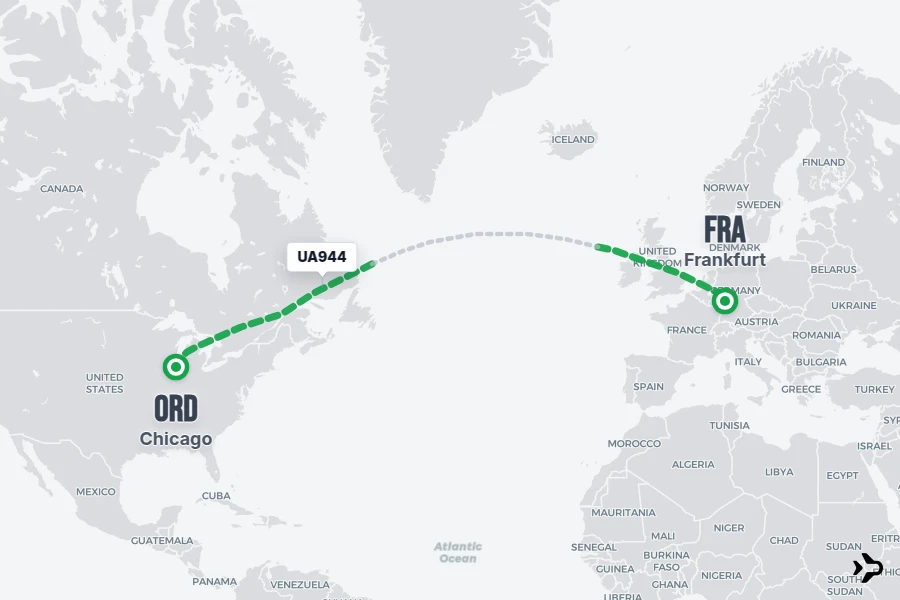 UA944 flight map from ORD to FRA