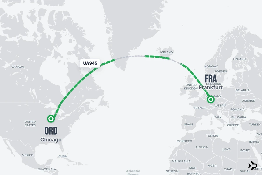 UA945 flight map from FRA to ORD
