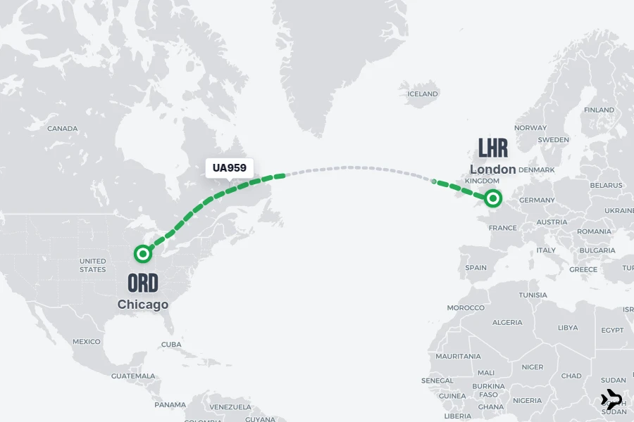 UA959 flight map from LHR to ORD