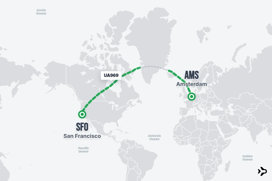 UA969 flight map from AMS to SFO
