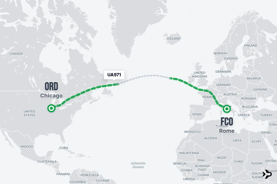 UA971 flight map from FCO to ORD