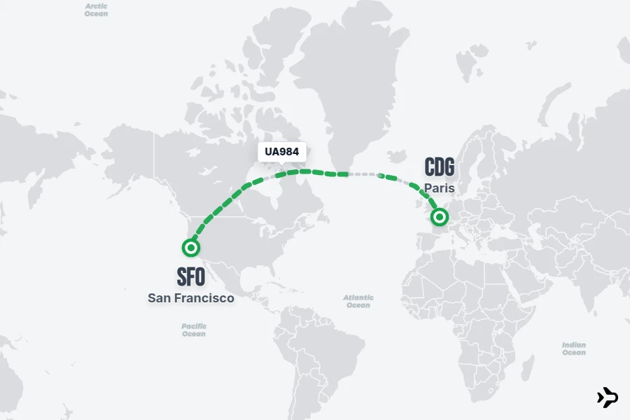 UA984 flight map from CDG to SFO