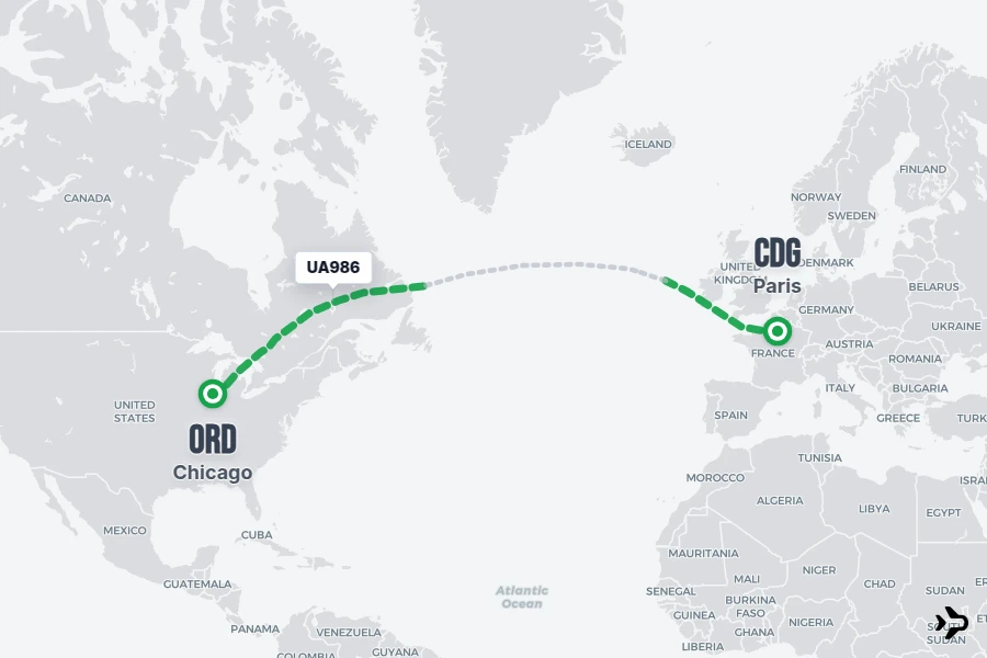 UA986 flight map from CDG to ORD