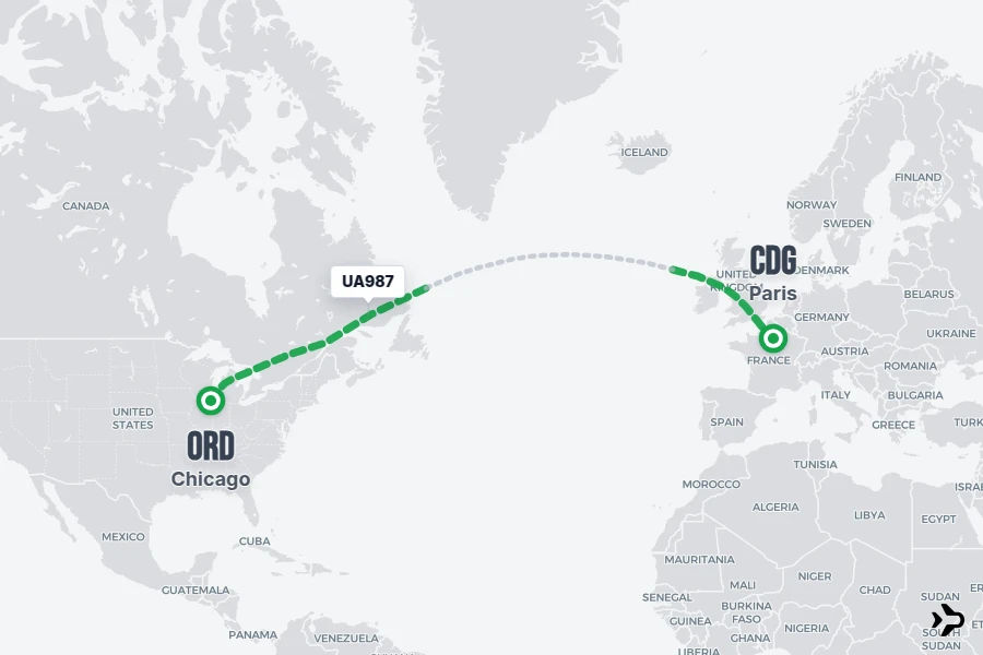 UA987 flight map from ORD to CDG