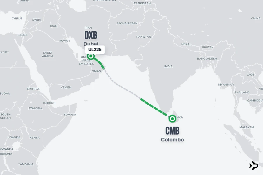 UL225 flight map from CMB to DXB