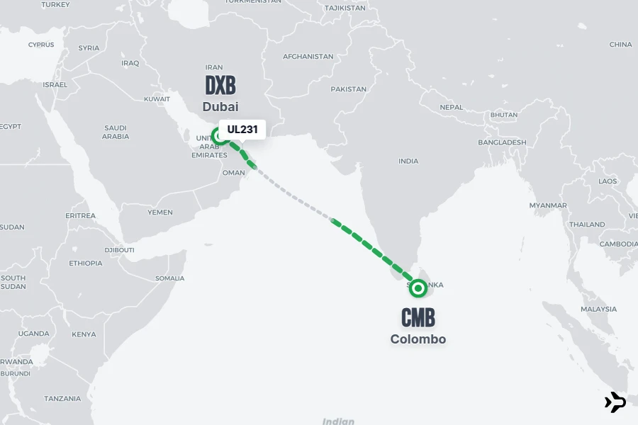 UL231 flight map from CMB to DXB