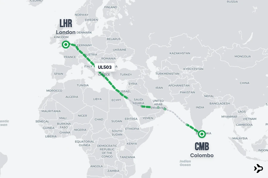 UL503 flight map from CMB to LHR