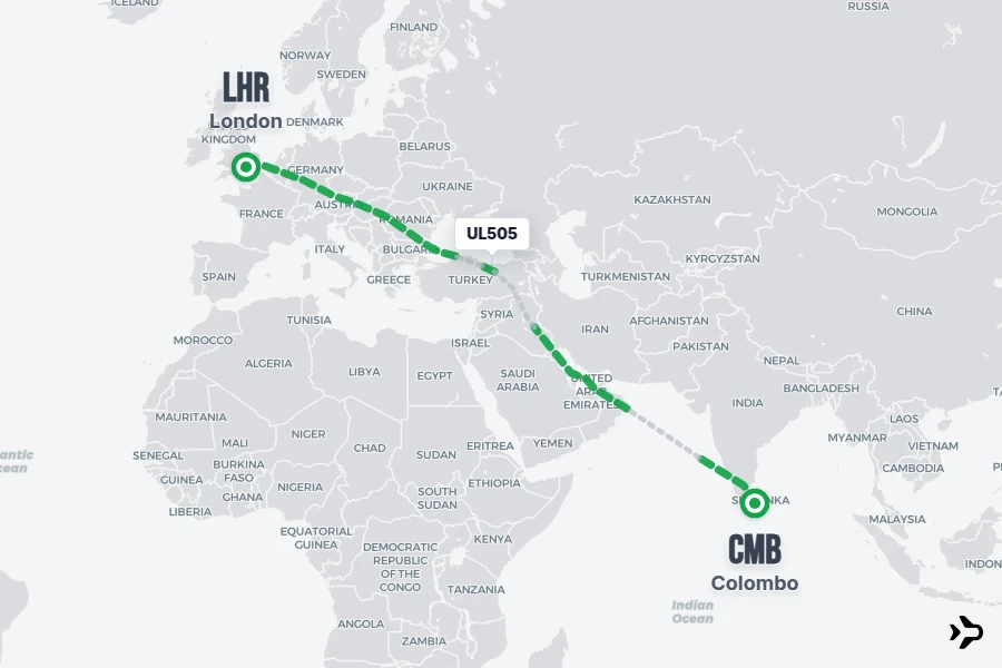 UL505 flight map from CMB to LHR