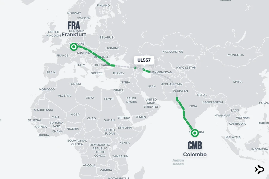 UL557 flight map from CMB to FRA