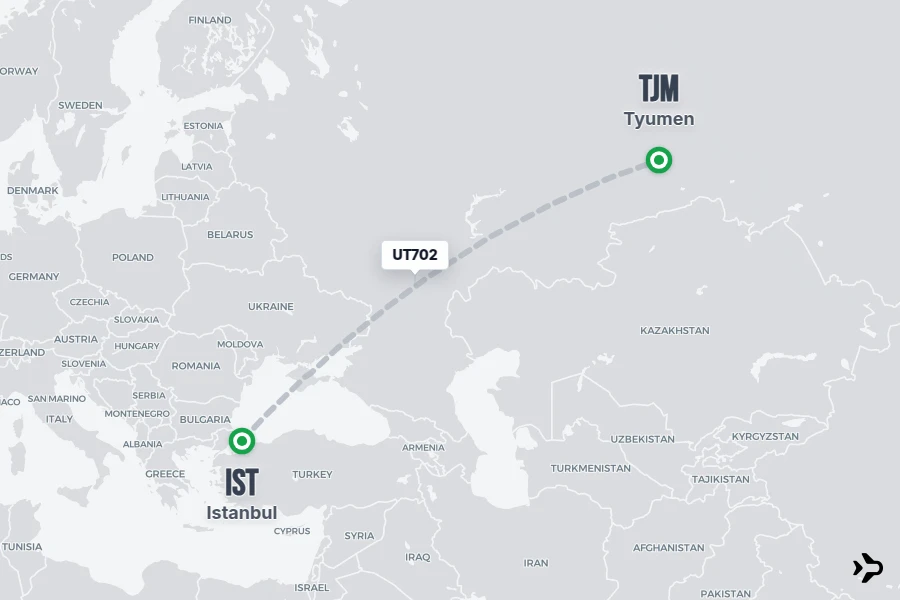 UT702 flight map from IST to TJM