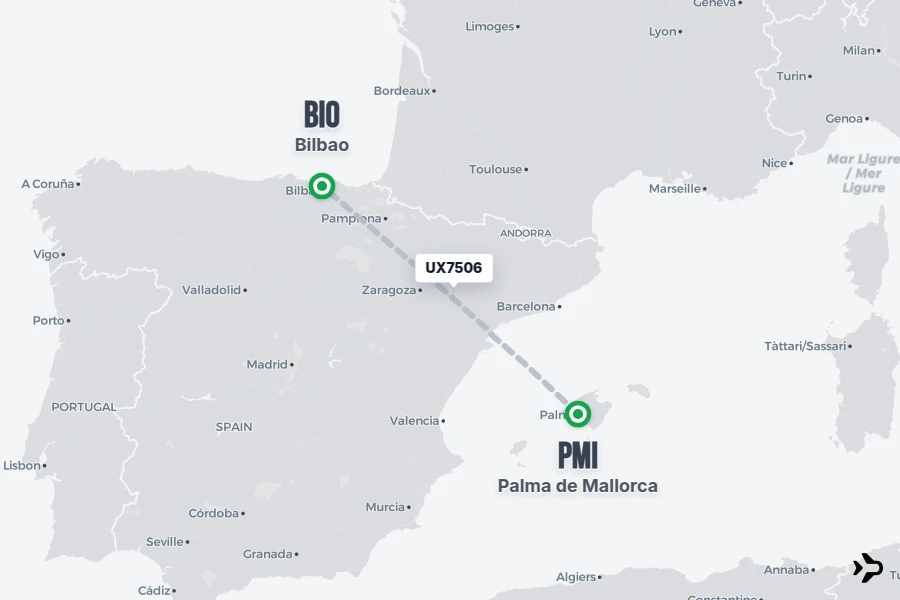 UX7506 flight map from PMI to BIO