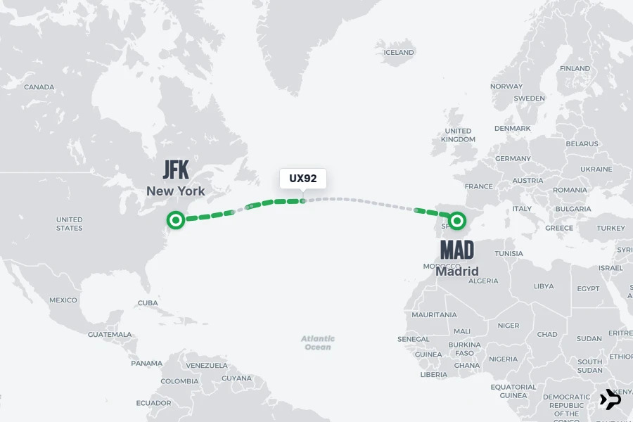UX92 flight map from JFK to MAD