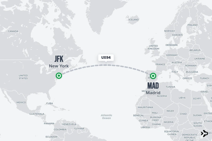 UX94 flight map from JFK to MAD