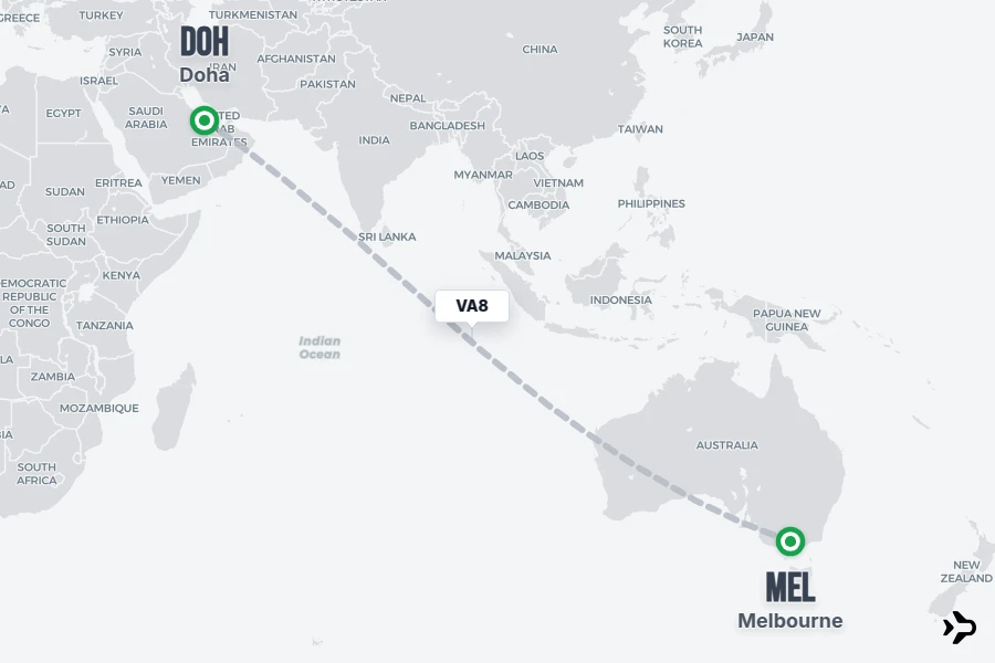 VA8 flight map from DOH to MEL