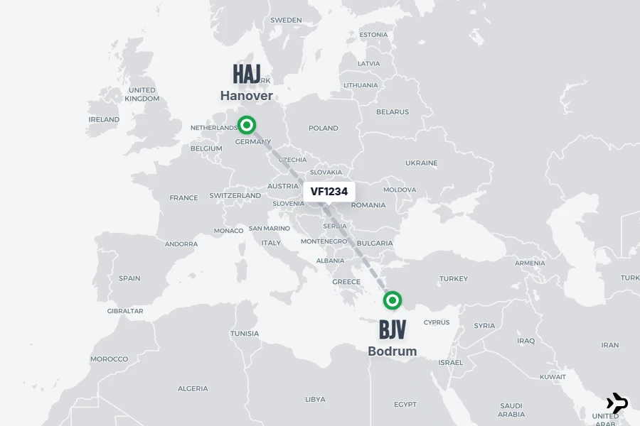 Flight 5 VF1234 AJet Flight Status & Tracker | Hanover - Bodrum