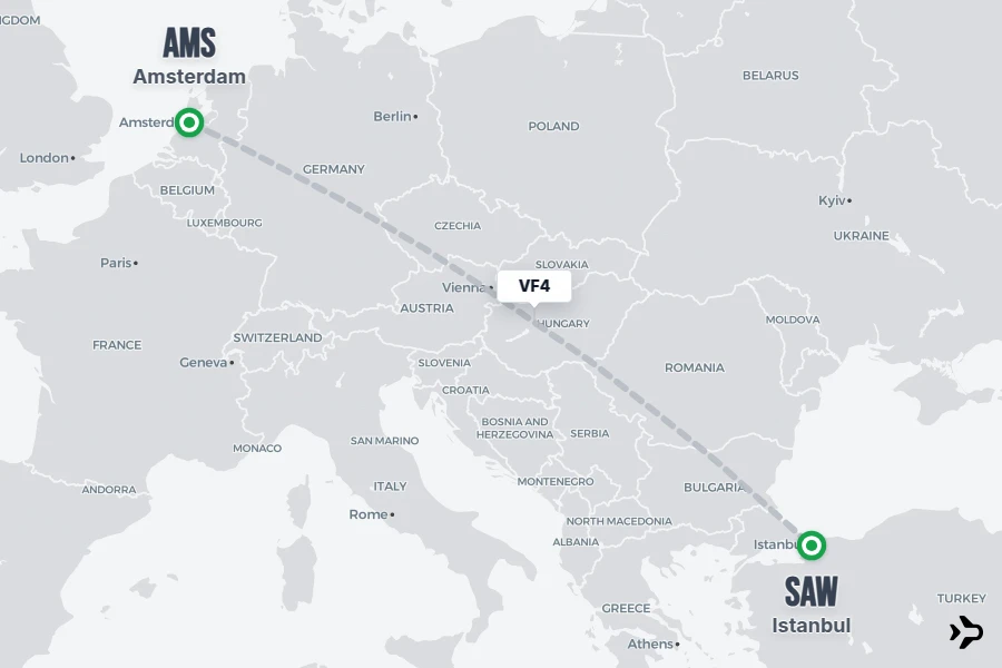 VF4 flight map from AMS to SAW