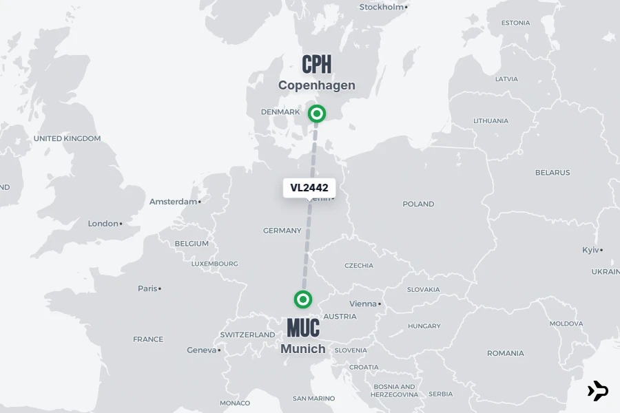 VL2442 flight map from MUC to CPH