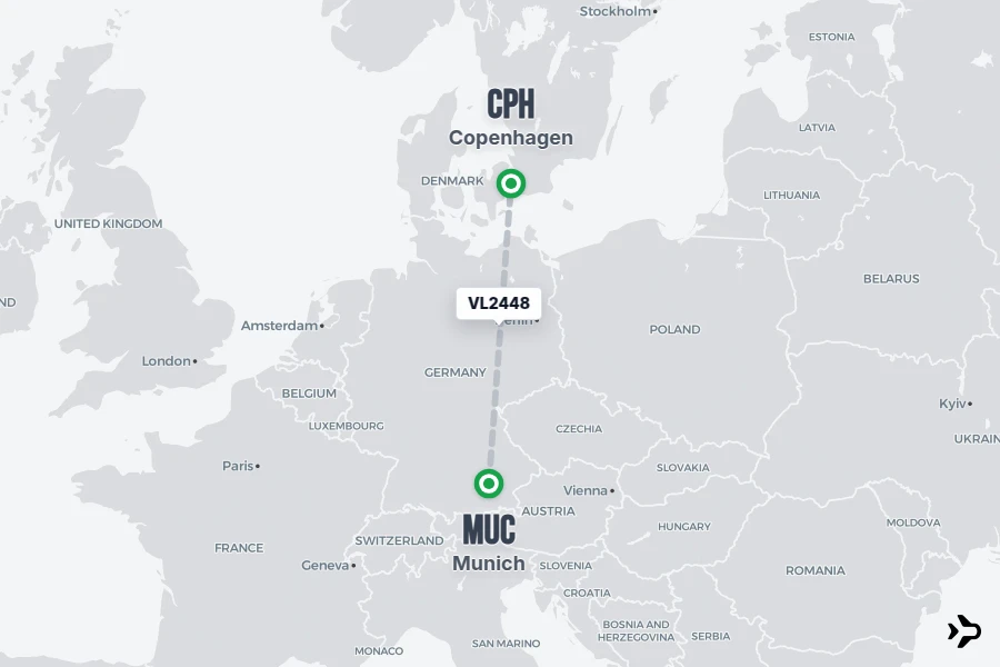 VL2448 flight map from MUC to CPH
