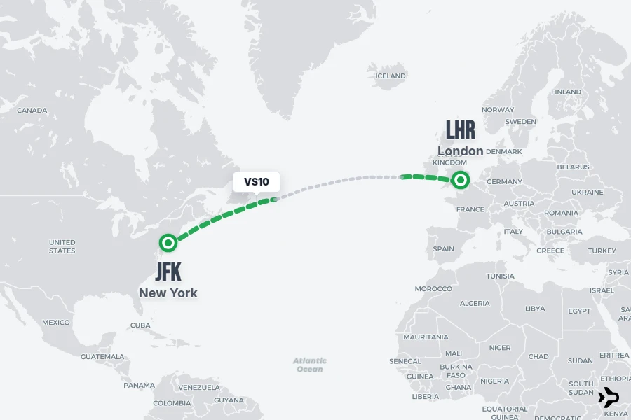 VS10 flight map from JFK to LHR