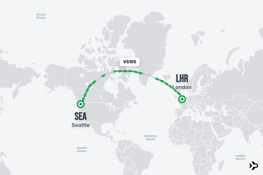 VS105 flight map from LHR to SEA
